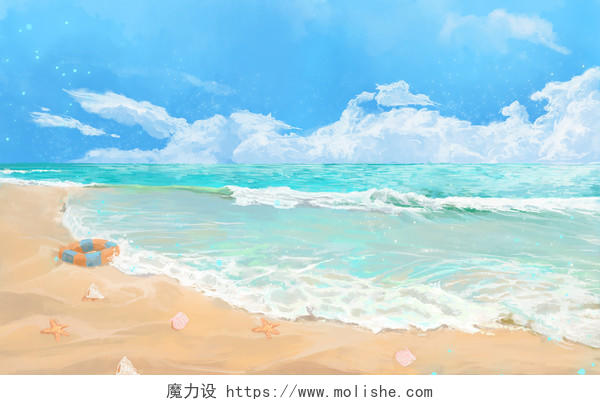 清新梦幻夏日海滩沙滩度假休闲治愈风景原创插画素材立夏